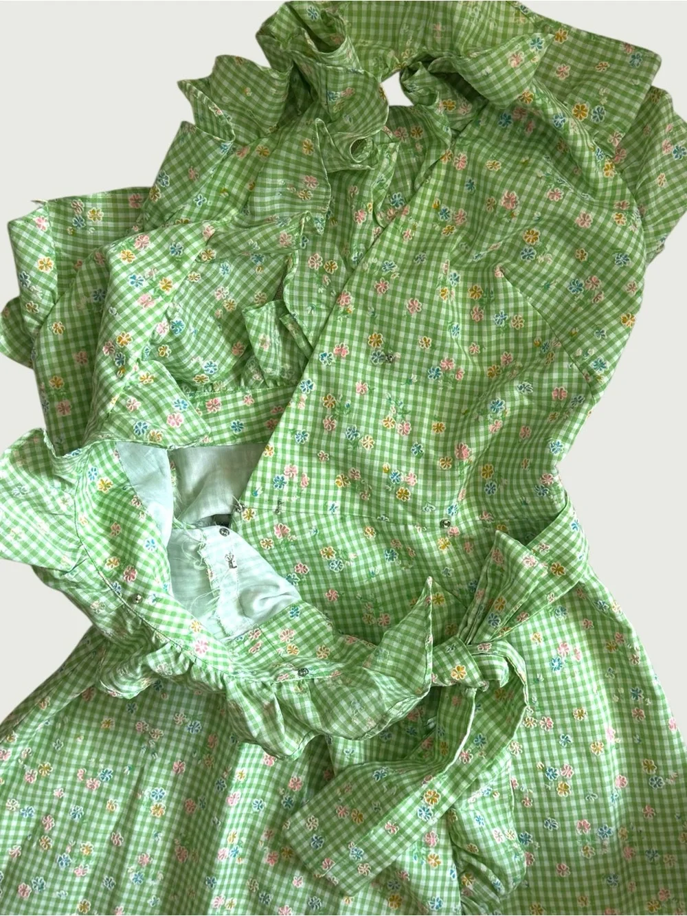 vintage 70s handmade flocked gingham wrap sun dress size XS